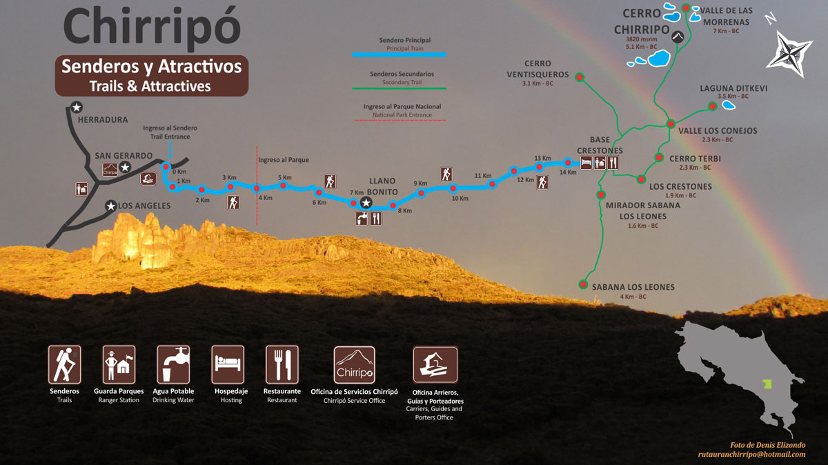 Mapa de los Senderos y Atractivos del Parque Nacional Chirripó